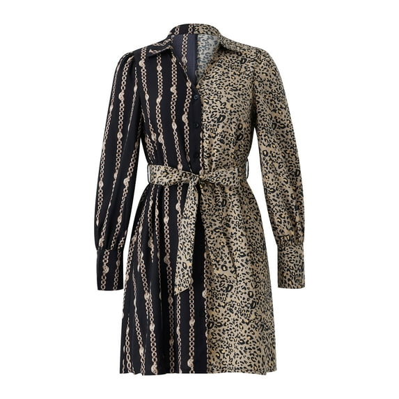 Liacowi Women Shirt Dress Leopard Print Turn-Down Collar Blouse Elegant Tunic Tops Long Sleeve Short Dress with Belt Office Clothes