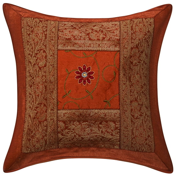 Stylo Culture Ethnic Couch Throw Pillow Cover Embroidered 16x16 Brocade Patchwork Brown Traditional 40 x 40 cm Bedroom Polydupion Floral Square Cushion Cover | 1 Pc