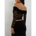 thumbnail image 4 of Women Off Shoulder Crop Tops Fairy Grunge Lace Jacquard See Through Long Sleeve T-Shirt Trendy Solid Color Tee, 4 of 5