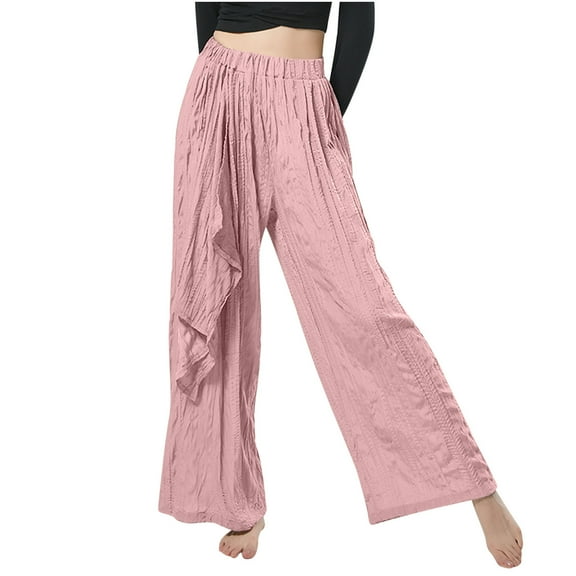 Besolor Women's Boho Elastic High Waisted Wide Leg Palazzo Pants Pleated Lightweight Loose Flowy Beach Trousers for Summer