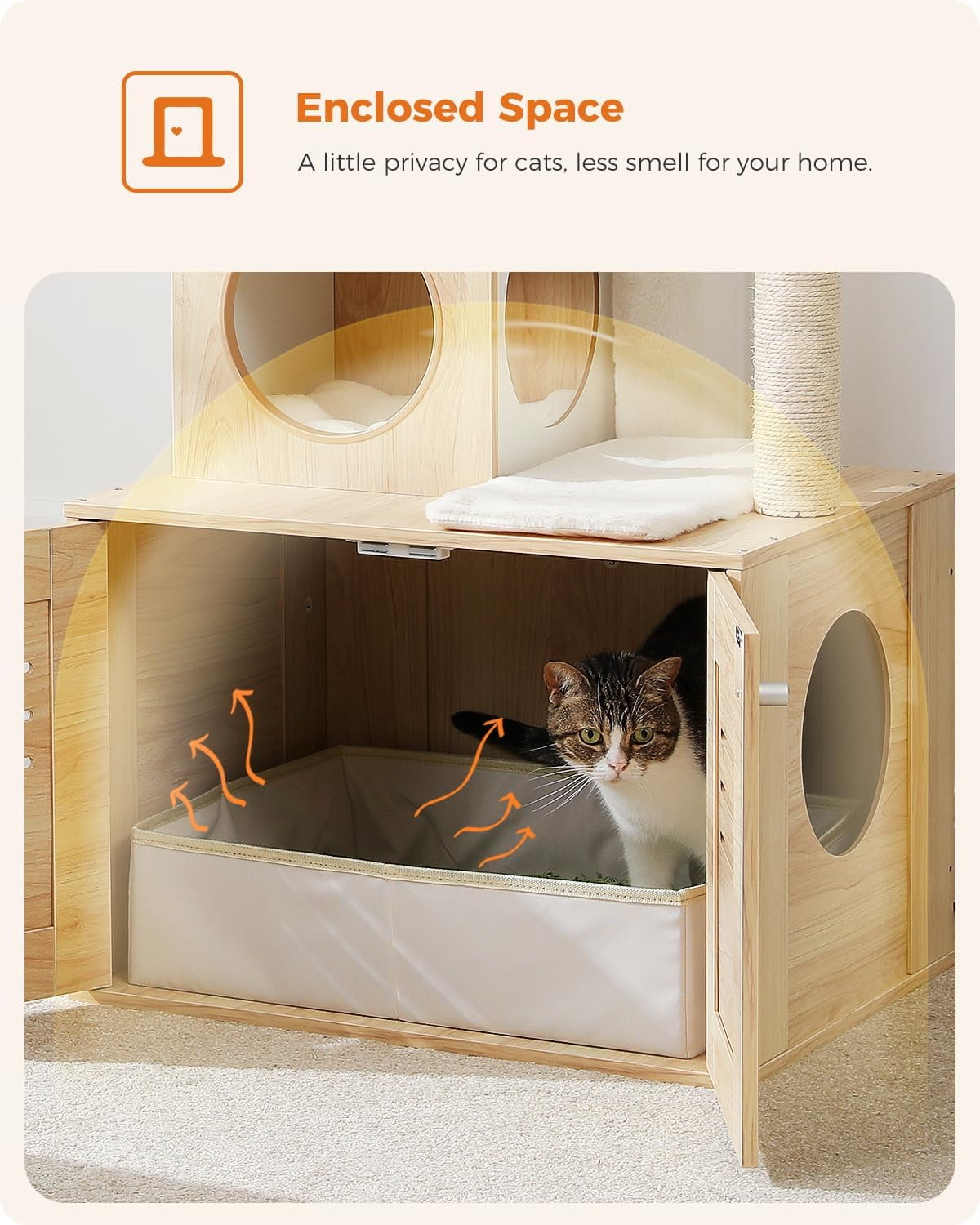Cat Tree with Litter Box Enclosure, 50" Modern Cat Tree for Large/Fat Cats with Cat Condo, Wooden Cat Furniture with Large Hammock and Top Perch, Beige