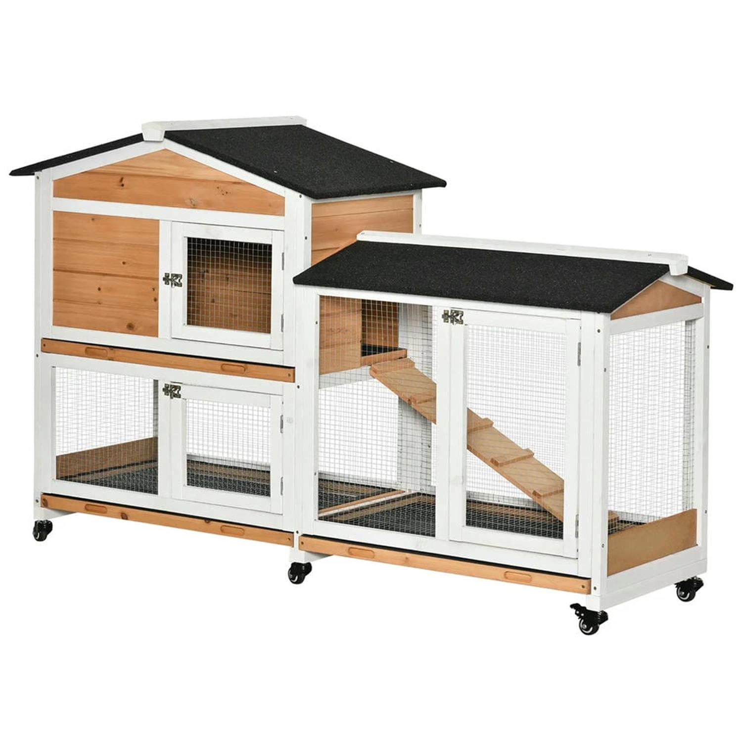 Kadyn 62" 2-tier Wooden Rabbit Hutch with Wheels and Slide-out Tray, Outdoor Small Animal Habitat Chicken Coop Bunny Cage for Bunnies, Guinea Pigs, Orange