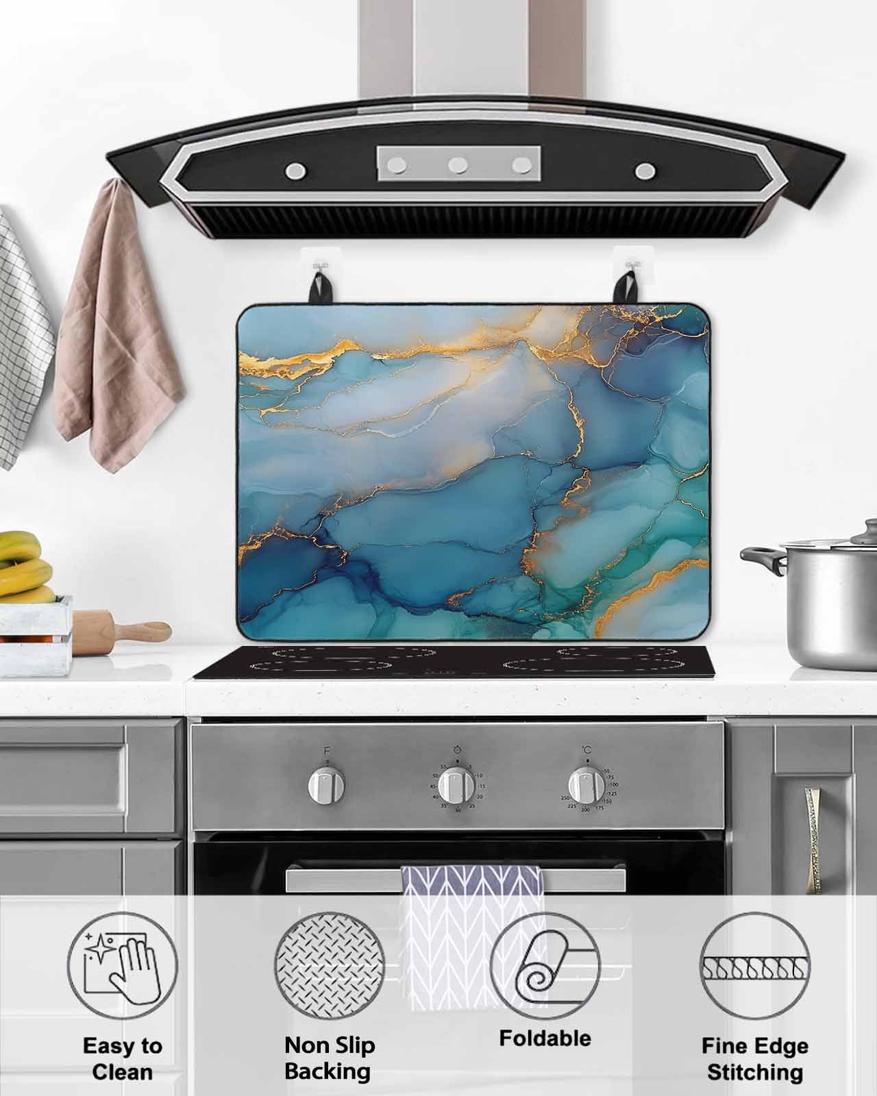 nqOlkjepod Large Induction Cooktop Protector Mat 24"x21", Turquoise Blue Marble Stove Top Covers for Electric Stove, Modern Teal Gold Geometric Stove Burner Cover Mats, Glass Top Stove Cover