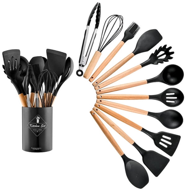 Utensilios de cocina de silicona con mango de madera de colores para el hogar, juego de 11 piezas, utensilios de cocina