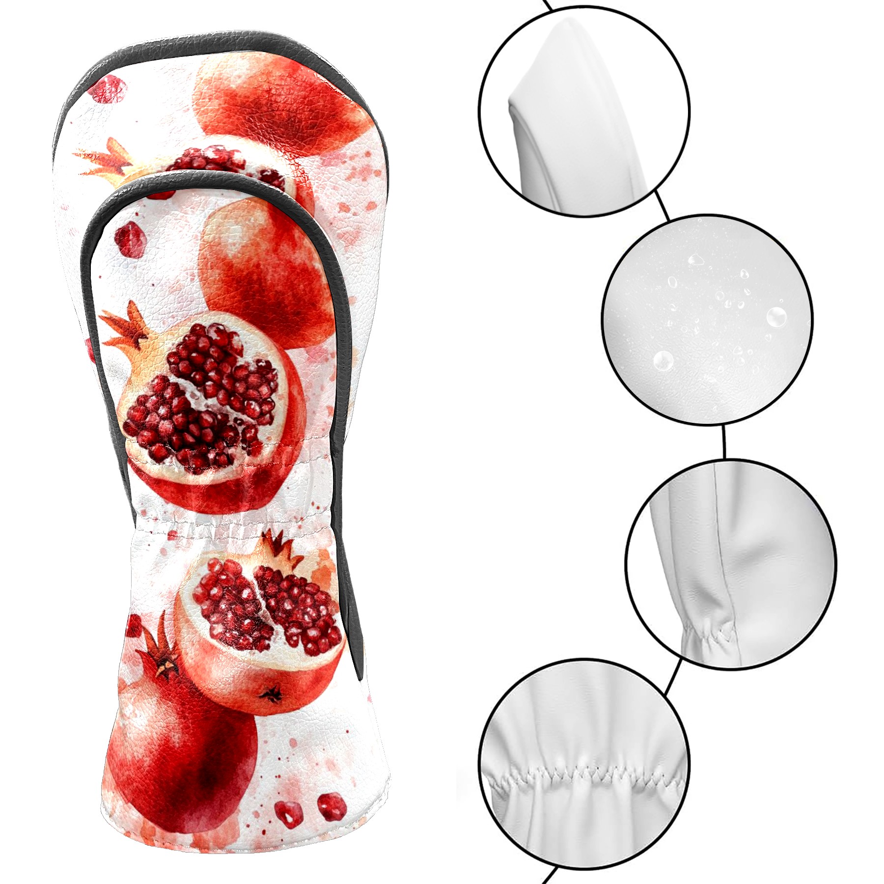 Golf Head Covers Pomegranate Pattern for Driver, Wood & Hybrid, Premium Waterproof PU Leather with Plush Lining, Fruit Themed Golf Gifts
