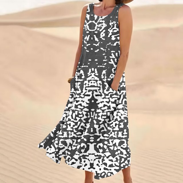 LOVZFMLL Robes Sans Manches pour Femmes et Col Rond en Lin Imprimé Longue Robe avec Poche