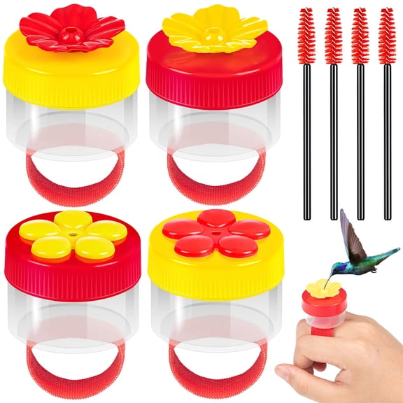 Mini Hummingbird Ring Feeders, 4Pcs Handheld Bird Feeder Kit with Brushes, Durable Outdoor Supplies for Bird Enthusiasts and Nature Explorers, Red