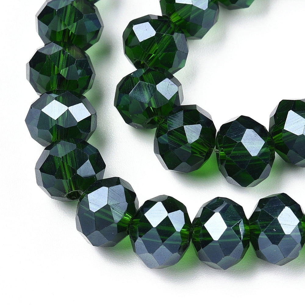 Electroplate Glass Beads Strands Pearl Luster Plated Faceted Rondelle Dark Green 10x8mm Hole: 1mm about 63~65pcs/strand 49~50cm