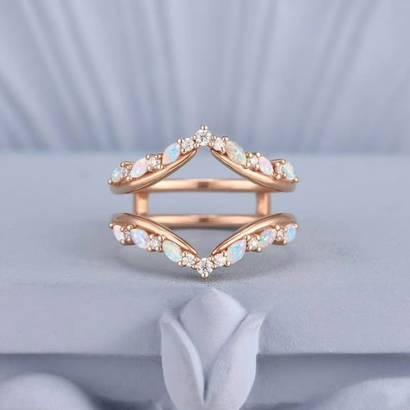 Art Deco Opal & Diamond Curved Wedding Band in 14K Rose Gold Vermeil – Double Band Enhancer for Women