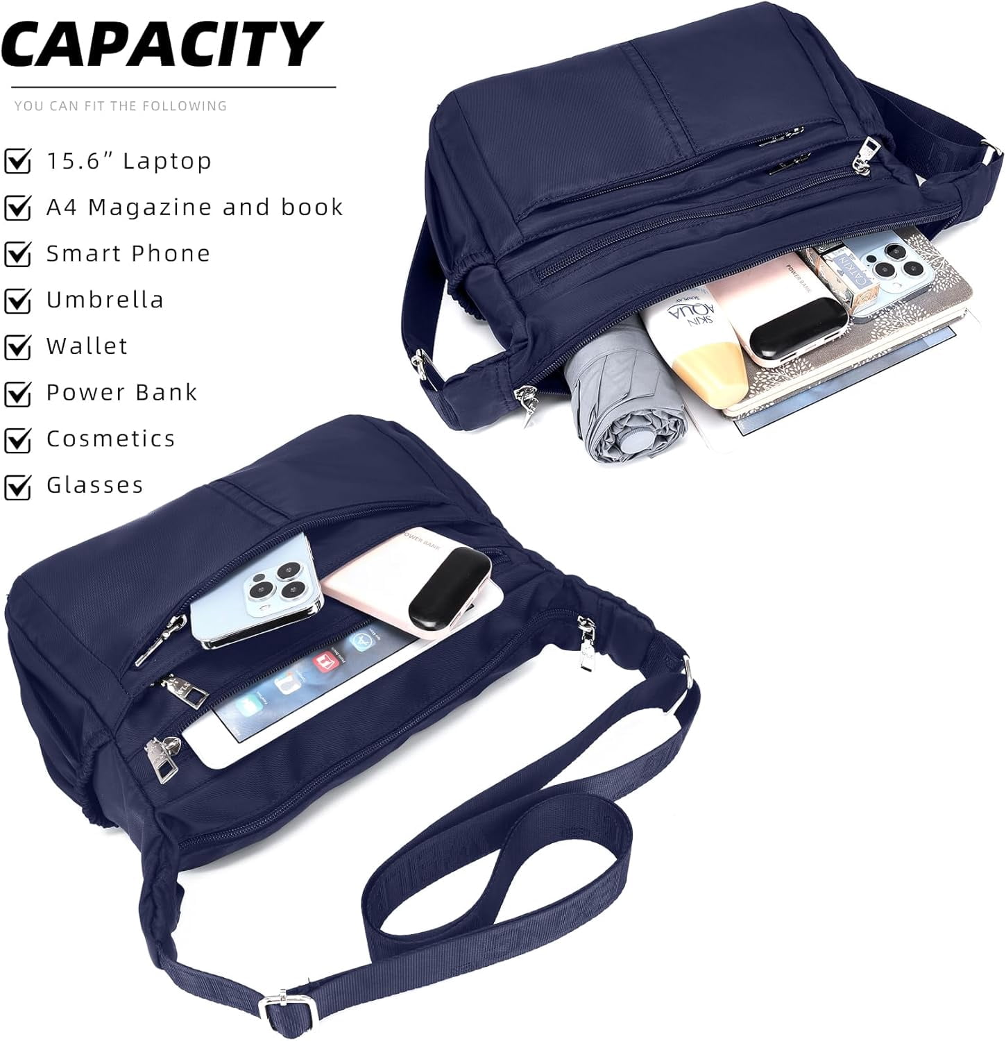 Women Shoulder Bag Multi-Pockets Handbag Water-Resistant Nylon Crossbody Bags Large Purses Lightweight Messenger Bag Black