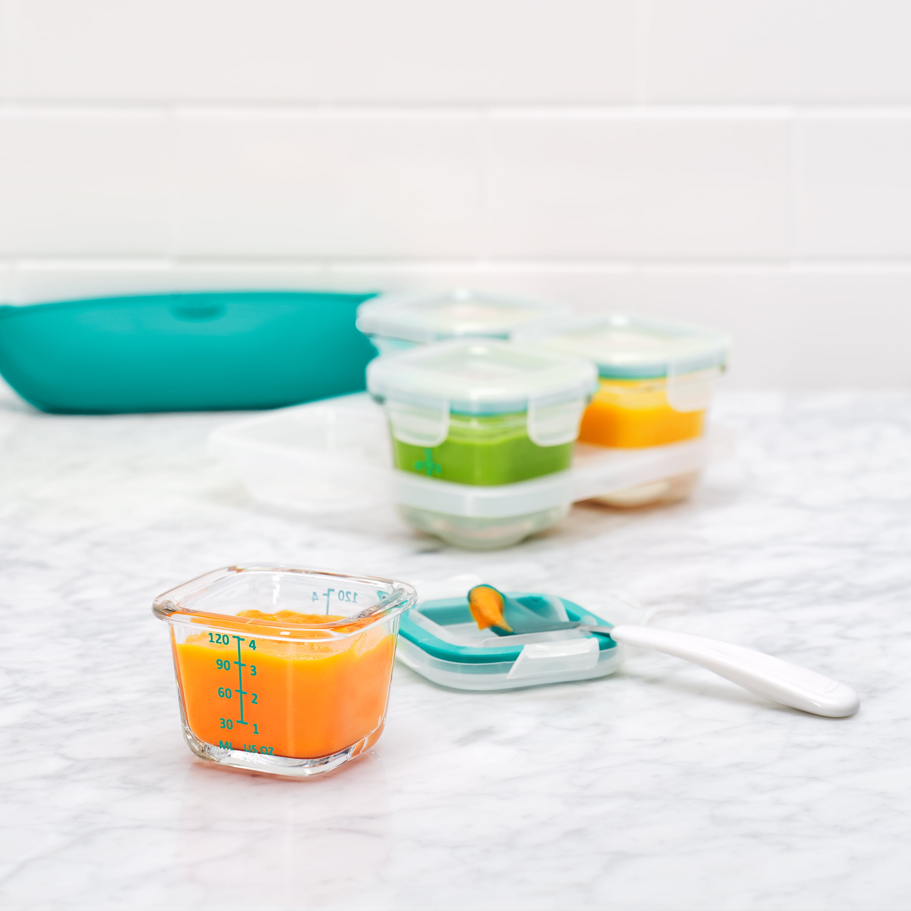 OXO Tot Glass Baby Blocks Food Storage Containers, 4oz, Teal, 4-Pack, For Infants Ages 0-12 Months