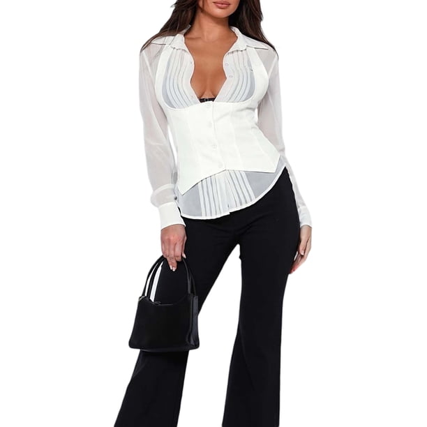 Sunloudy Conjunto de blusa casual para mujer, camisa de solapa de color sólido de manga larga + chaleco ajustado, blanco Sunloudy moda