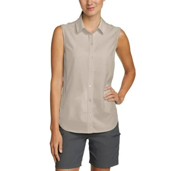 Eddie Bauer Ladies' Breathable Button Down Sleeveless Top (Gray, Medium)