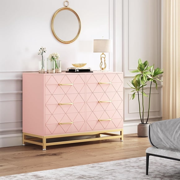 Bingirl Pink 6-Drawer Modern Wood Dresser with Wide Drawers and Metal Handles - Storage Chest for Bedroom, Living Room, Hallway, or Entryway