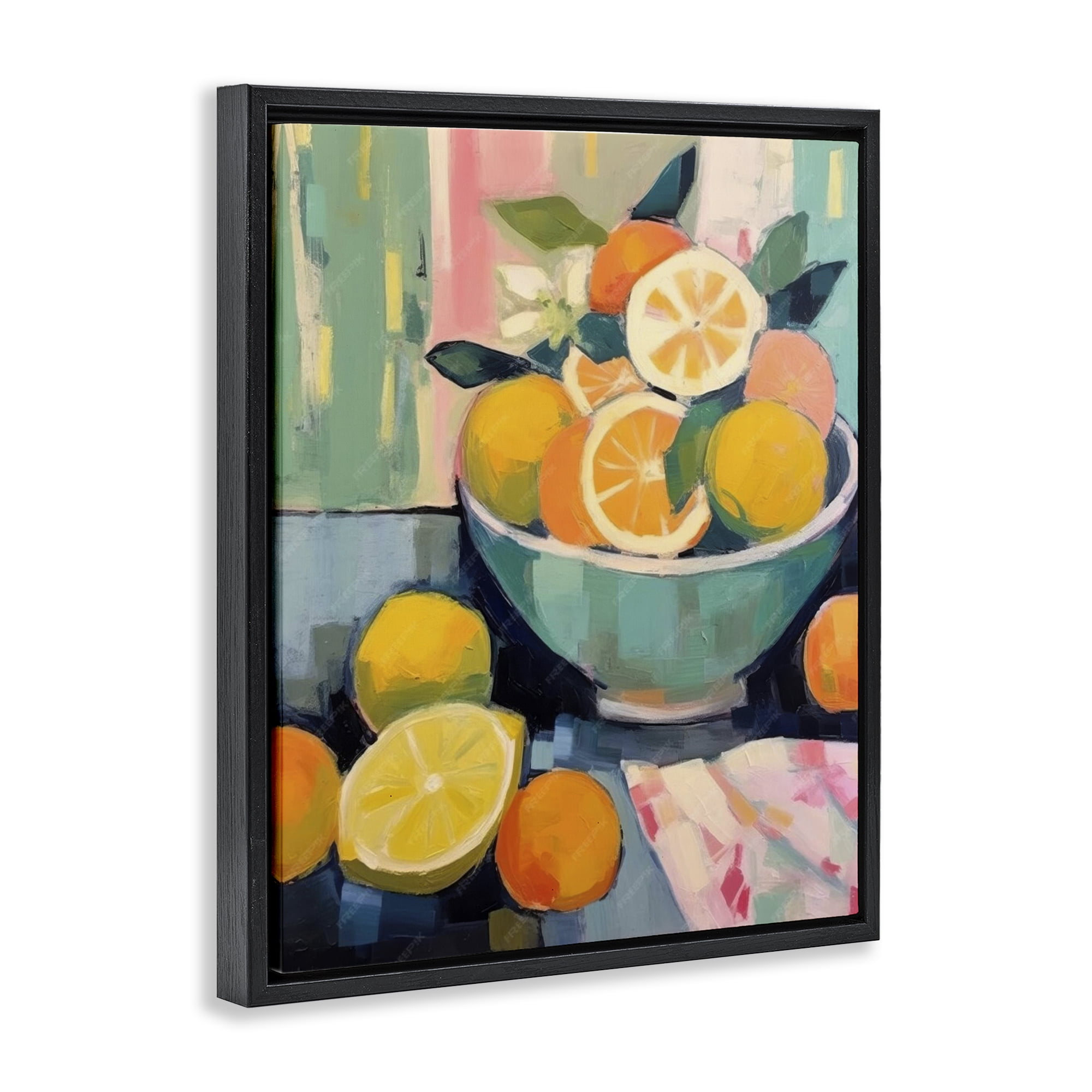 Stupell Industries Orange & Lemon Bowl Food & Beverage Painting Black Floater Framed Canvas Art Print Wall Art, 25 x 31