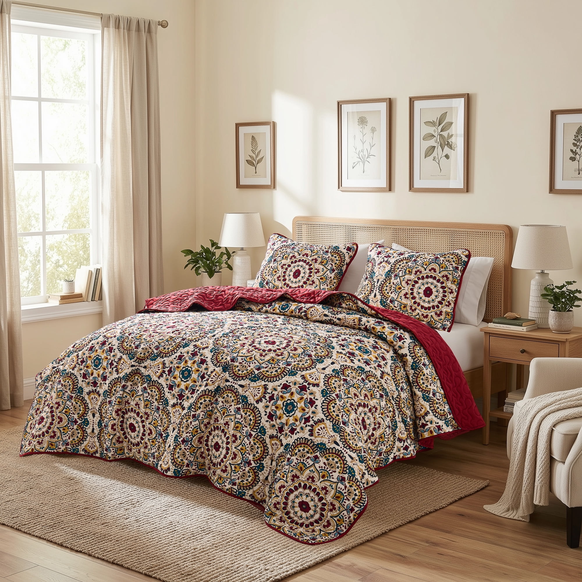 Regency Heights Twin/Twin Quilt Set, 3-Piece Reversible Bedspread Coverlet Set, Red Quilted Bedding Set with Shams for All Season