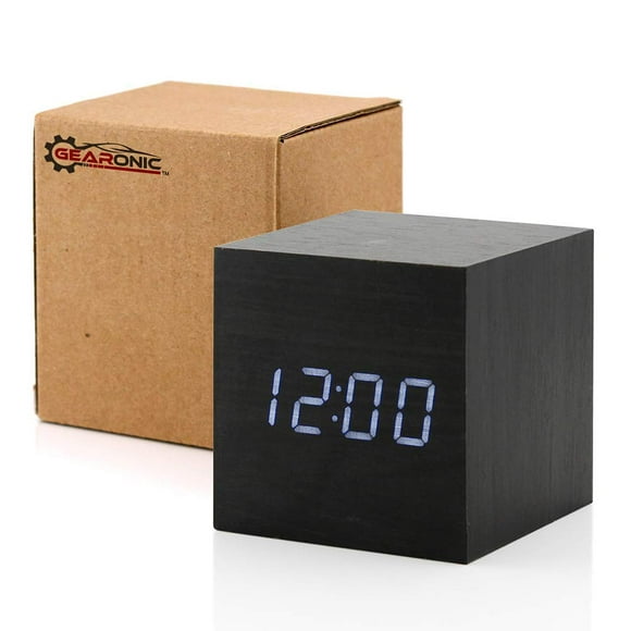 Digital Alarm Clock, Brighter Display Wooden Alarm Clocks, LED Clock For Bedroom, Small Digital clock with USB LED and Charger, Square Shape With Compatible Size Suitable For Bedrooms, Office-Black
