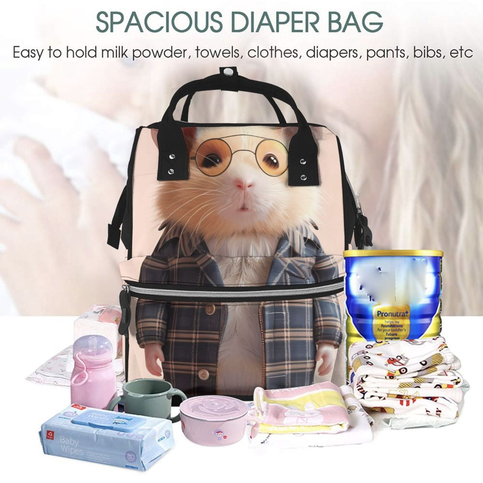 Ratiio Cute Mouse In Glasses Mummy Backpack - Waterproof Twill Canvas, Large Capacity Diaper Bag with Multiple Pockets and Adjustable Straps
