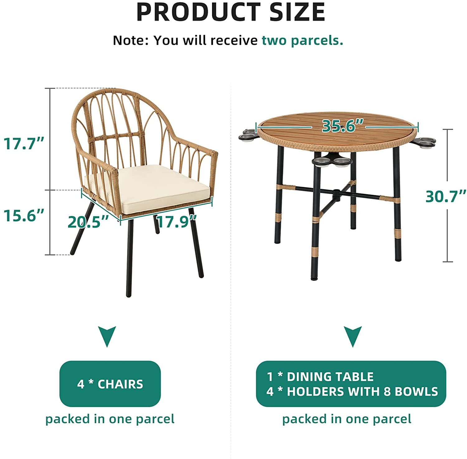 Dextrus 5 pieces Outdoor Dining Set, Patio Dining Sets with 4 Rattan Wicker Dining Chair and Round Table With Umbrella Hole, Sectional Conversation Set for Backyard, Balcony, Garden, Lawn