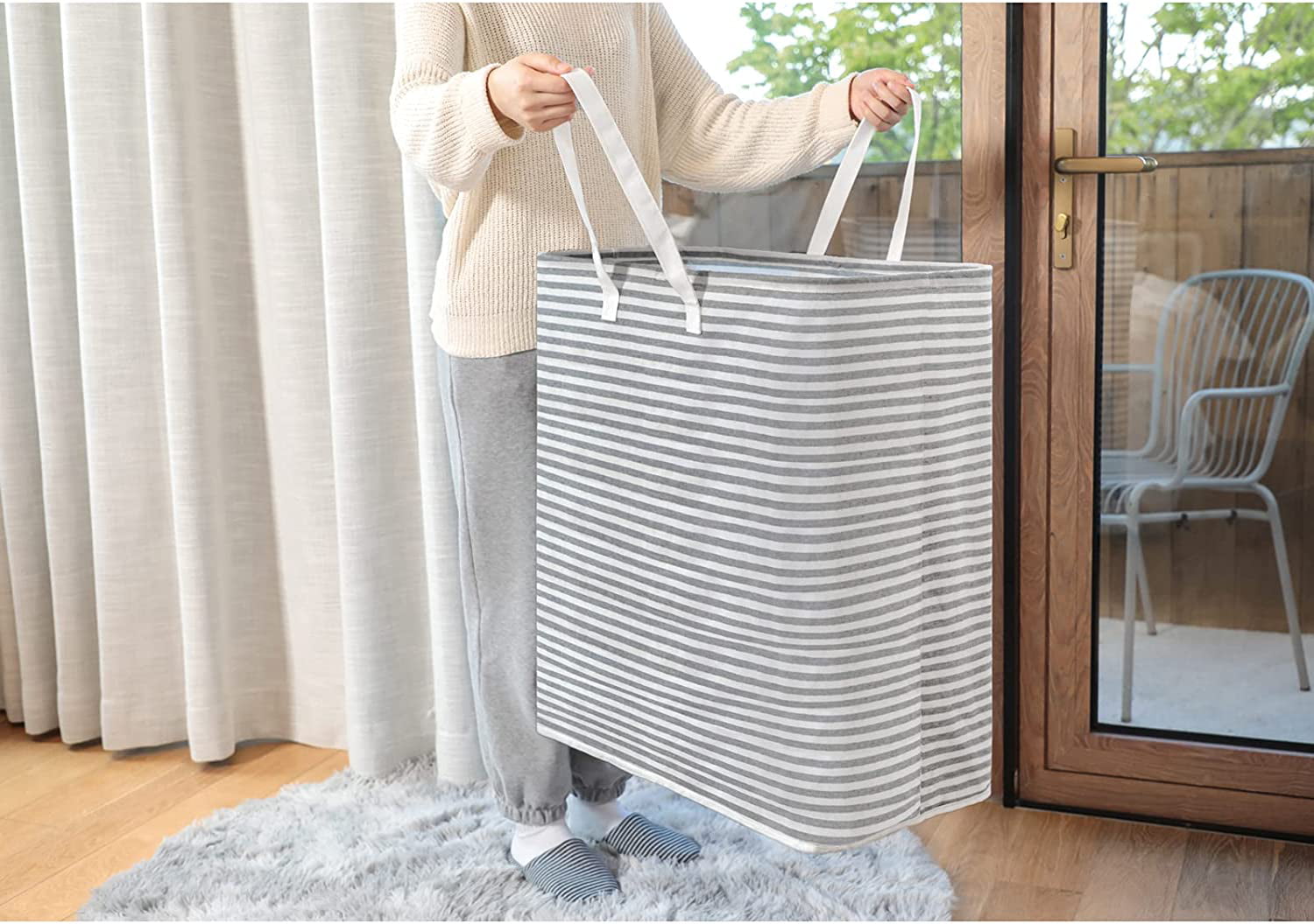Collapsible Large Cotton Storage Basket for Clothes DOKEHOM 77L Freestanding Laundry Hamper with Handle Grey