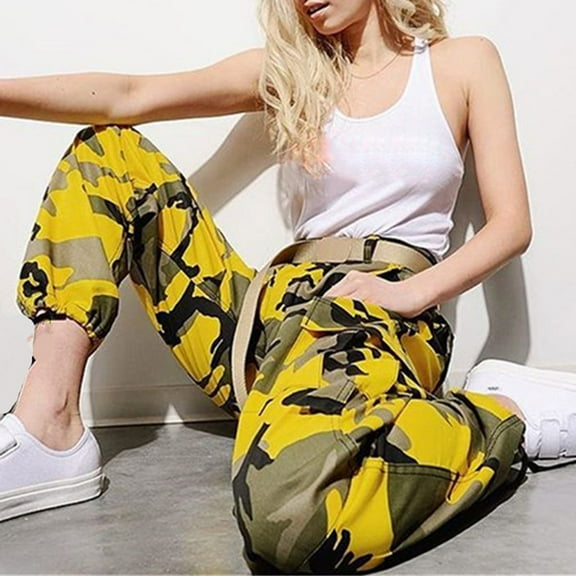HOMBOM Cargo Pants Women Joggers Yellow Casual Slim Straight High Elastic Waist Camouflage Pants Ankle Y2k Pants For Females L