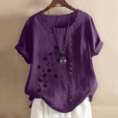 Womens Tank Tops Sawvnm Women's Summer Casual Round Neck Short Sleeve Printing Loose Shirt Tops Summer Blouses Purple 2XL