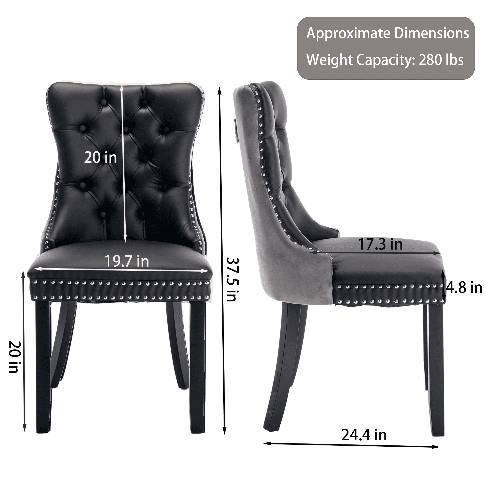 Rhomtree Faux Leather Tufted Dining Side Chairs, Black/Gray (Set of 2)