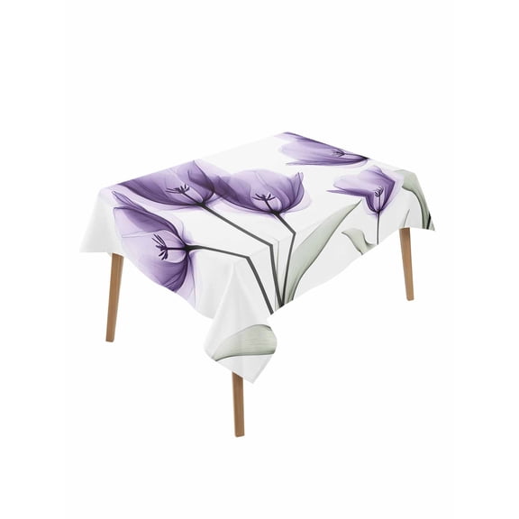 Purple Tulip Table Cloth, Spring Floral Pastoral Flower Aesthetics Waterproof Tablecloth for Rectangle Tables, Reusable Washable Fabric Table Cover for Restaurant Kitchen Dining Tables 52"x70"