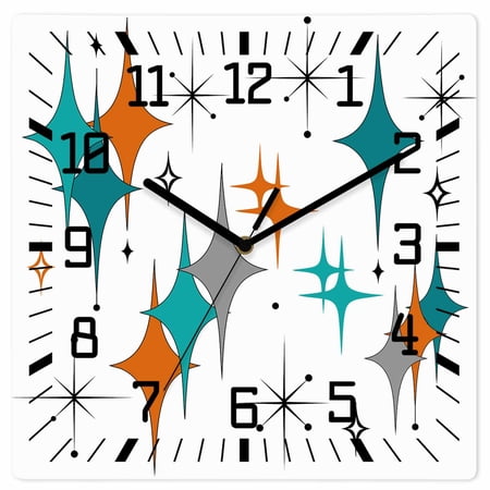 Boho Middle Century Wooden Wall Clock Silent Non Ticking, Retro Orange Teal Grey Star Rhombus Square Wall Clocks Battery Operated, Decor Clock for Home Office, Living Room, Kitchen, 10 Inch