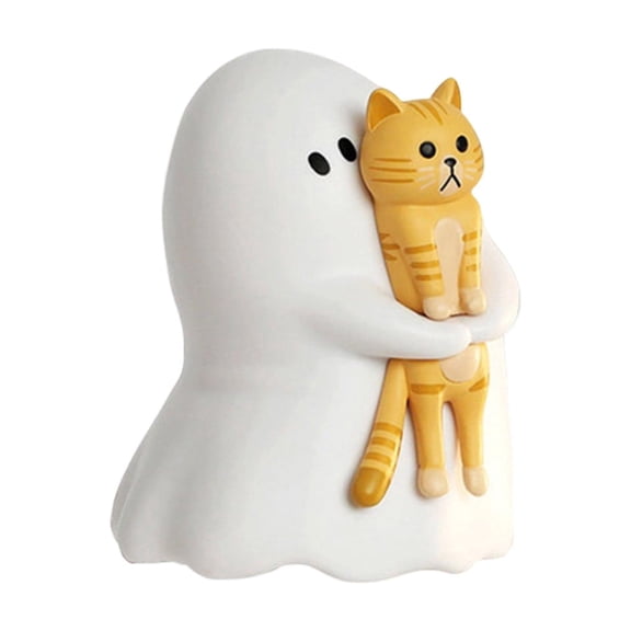 Cute Ghost Holding Cat Figurine, Non-Scary Halloween Decorations for Desk, Small Milky White Ghost Statue for Tiered Tray, Kawaii Spooky Home Office Decor for Kids Room & Shelf Display