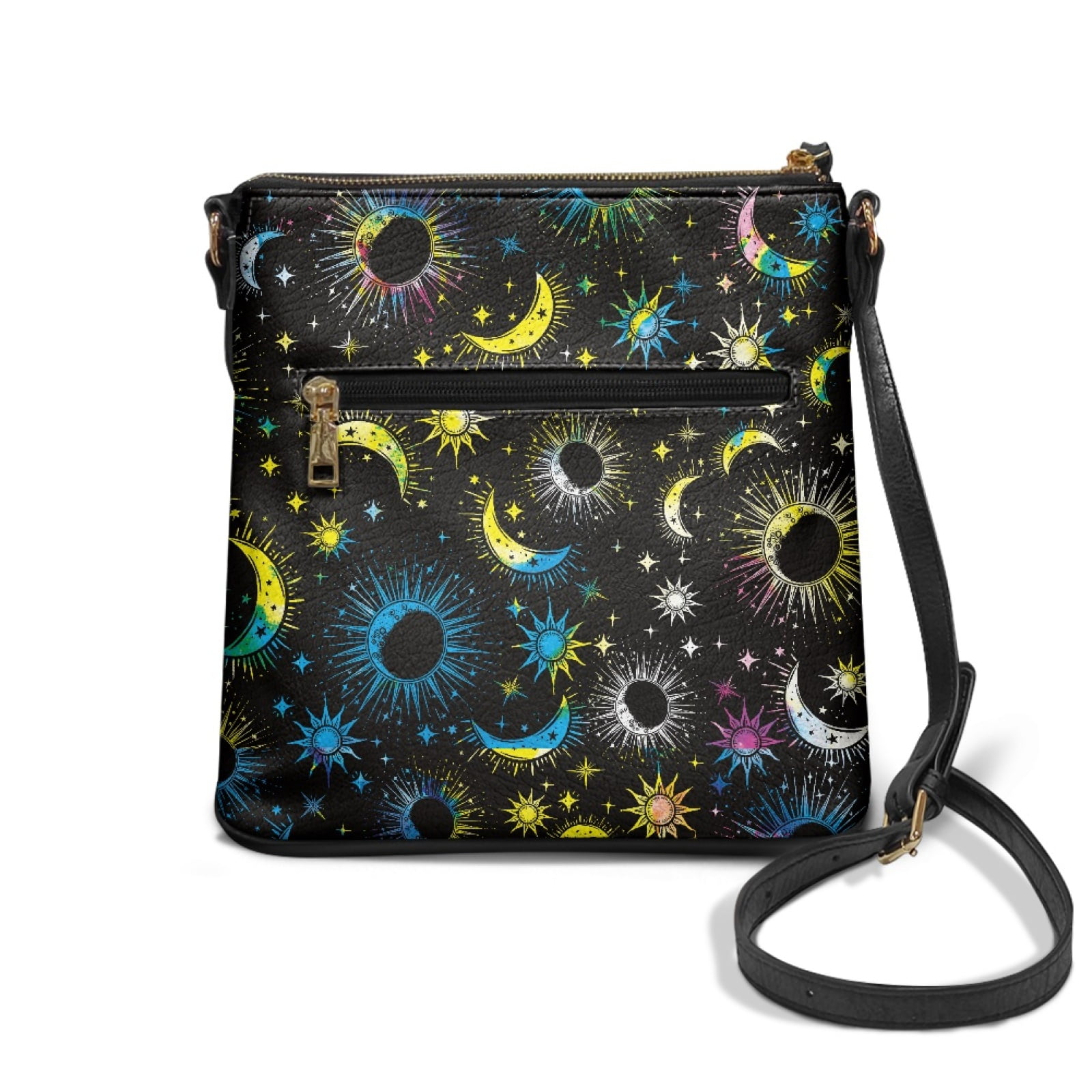 LedBack Sun Moon Crossbody Bags for Women Satchel Purse Hobo Bag with Adjustable Strap, Leather Shoulder Handbag Multi Pocket Messenger Bag for Travel Work, Black