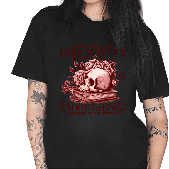Black Dark Romance Readers Society Enemies to Lovers Red Skull Roses Books Snake Trigger Warnings Book Lover Print Tshirt Graphic Tees Shirts Tops S-5XL
