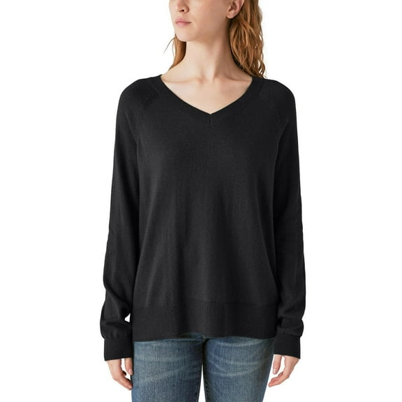 Lucky Brand Women's V-Neck Sweater, Long Sleeves, Side Slits, Cotton Blend, Cream/Green/Red/Black (Black,XX-Large)