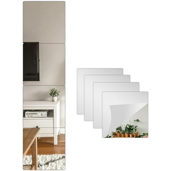 Wall Mirror Full Length for Body, Stick on Small Mirror for Wall Decor, 4 Pack 12”x12” Acylic Mirror Tiles Toddler, Shatterproof Mirror for Kids, Home Gym Plastic Mirrors for Bedroom