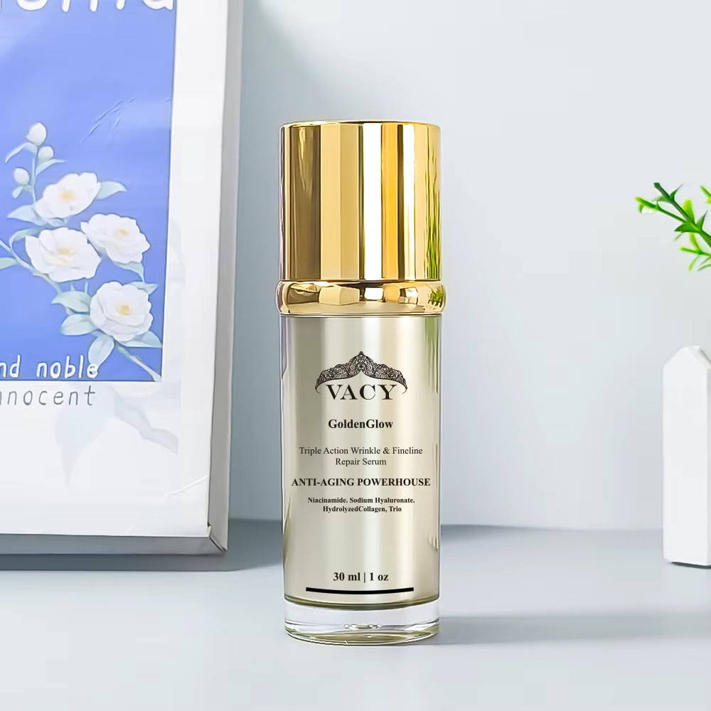 VACY GoldenGlow Triple-Action Facial Serum with Niacinamide, Hyaluronic Acid, and Collagen, Lightweight Hydrating Formula, 1 fl oz