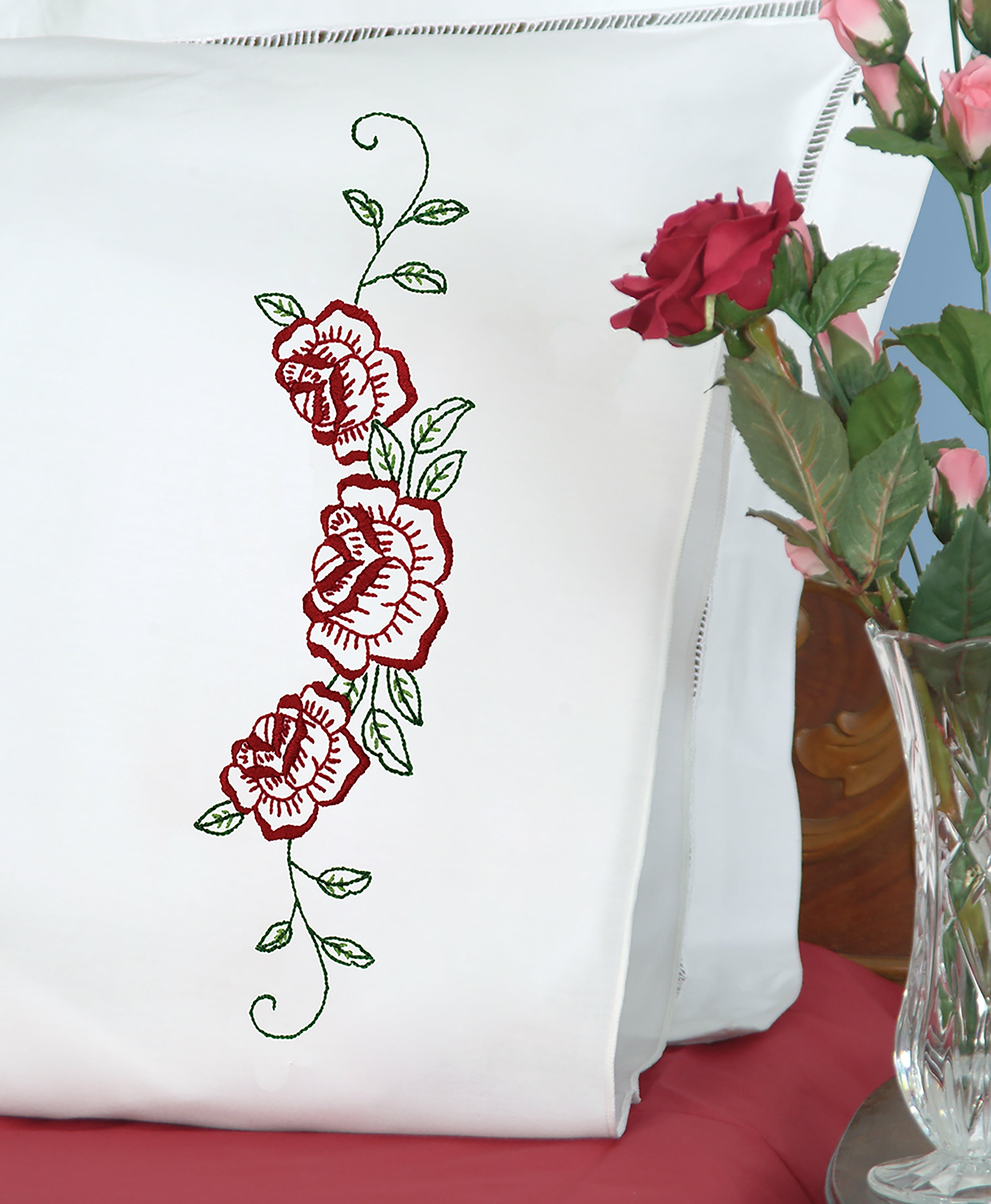 Jack Dempsey Stamped Pillowcases W/White Perle Edge 2/Pkg-Roses