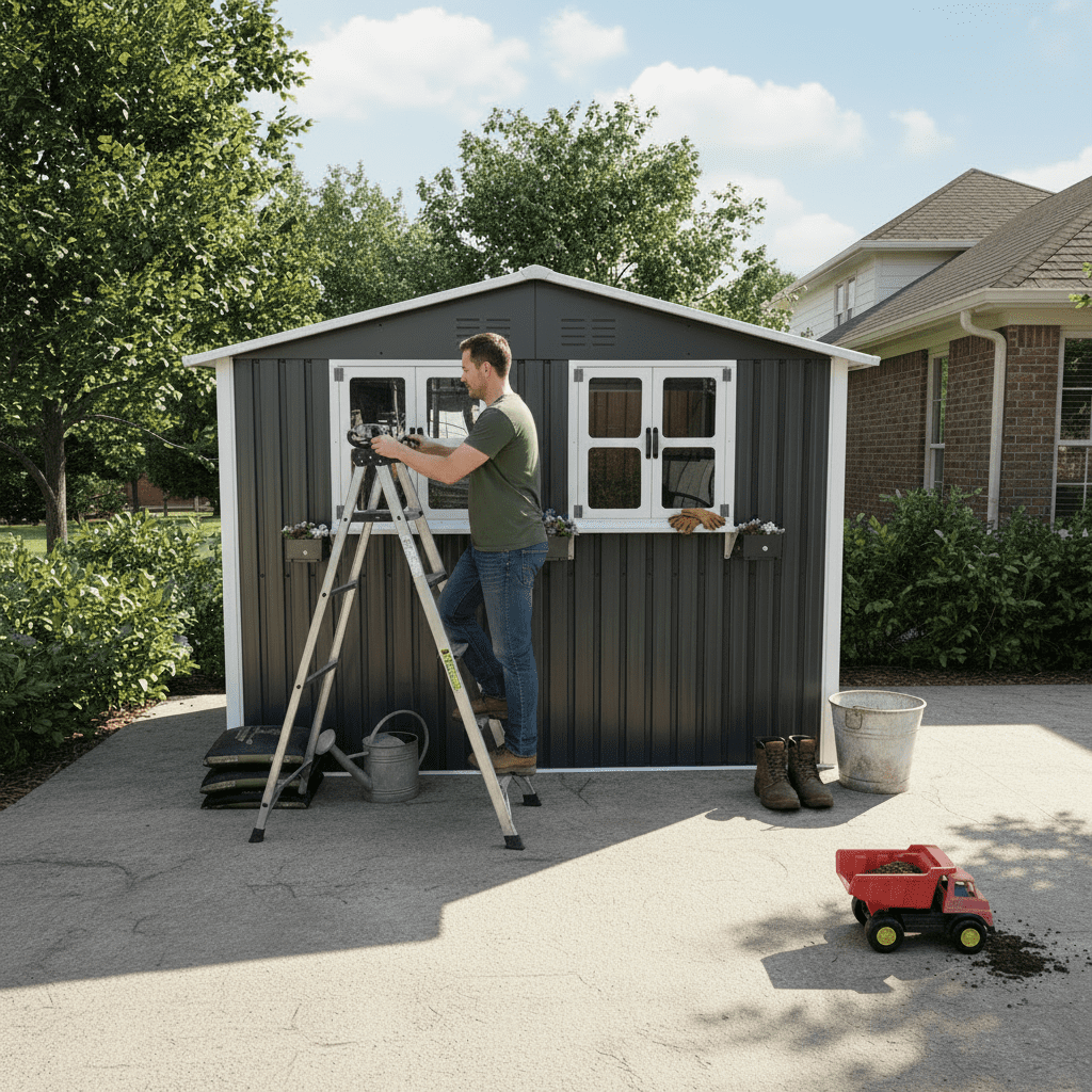 Mintazer 6×9ft Modern Metal Outdoor Storage Shed with Windows & Lockable Doors, Waterproof Weatherproof Garden Shed for Backyard Patio, Gray