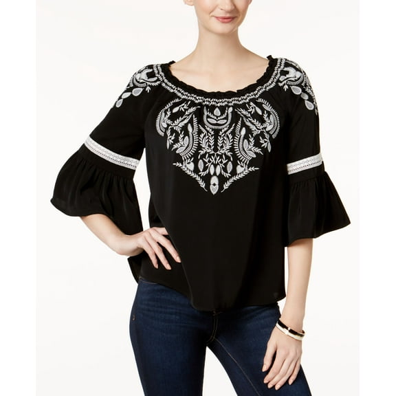 Charter Club Embroidered Peasant Top4 Deep Black XL