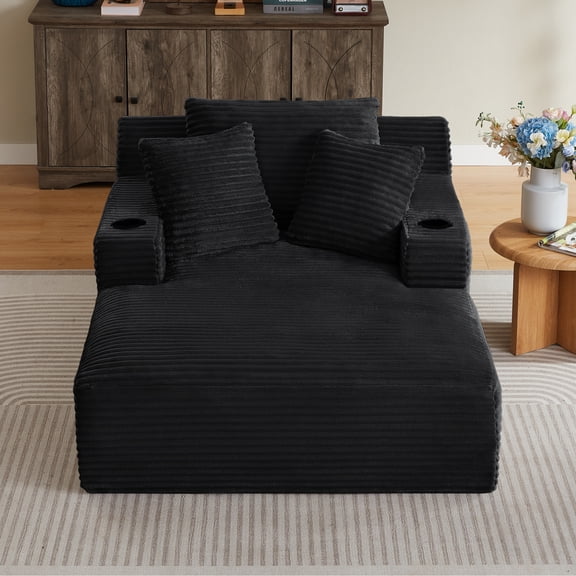 Leumius Oversized Chaise Lounge Chair Indoor,Cloud Plush Corduroy Upholstered Sofa Bed with Cupholders,Deep Seat Boneless Sofa with Pillows for Living Room Bedroom, No Assembly Required,Black