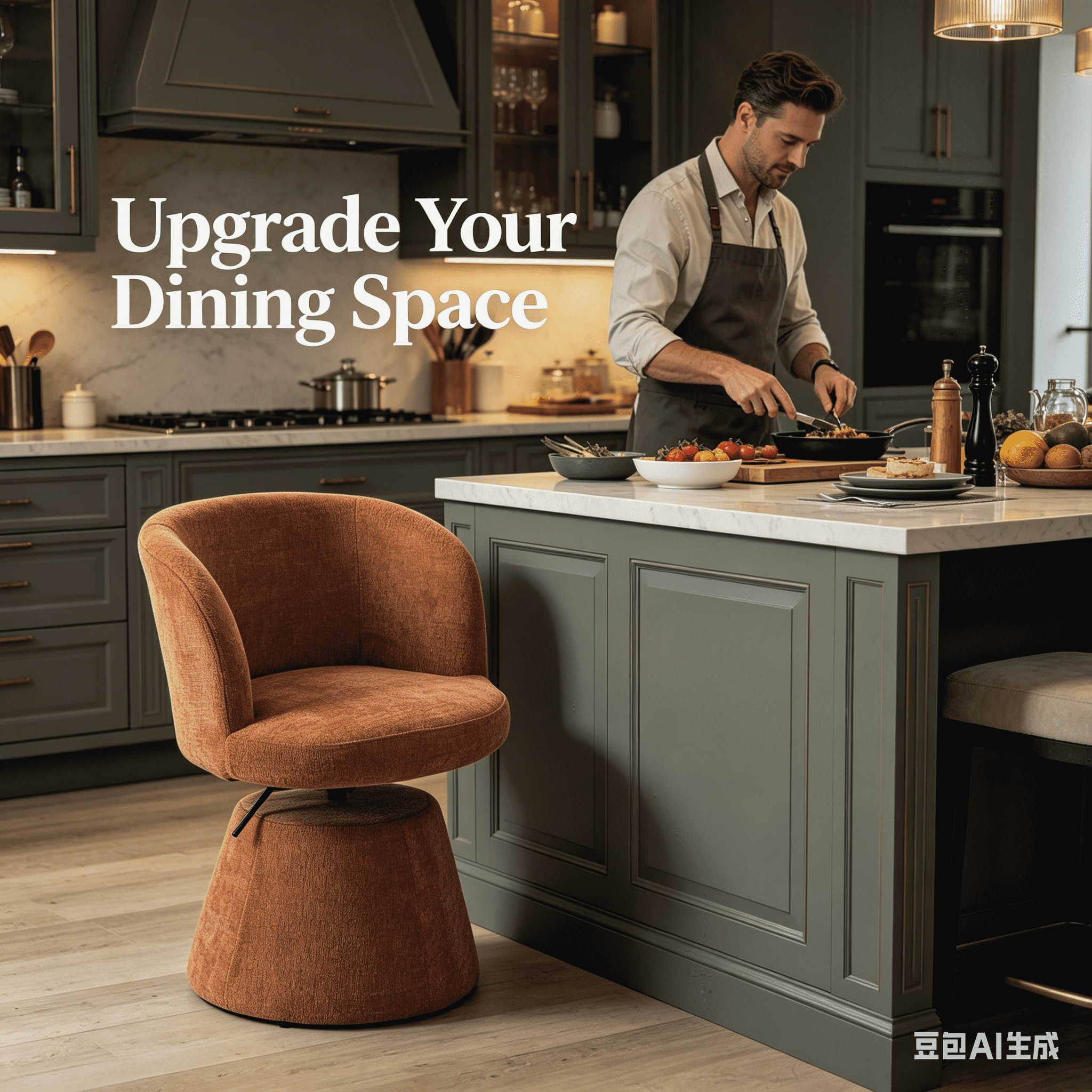 Aukfa Chenille Accent Dining Chair, Modern Swivel Adjustable Bar Stool for Kitchen, Vanity & Bedroom, Orange