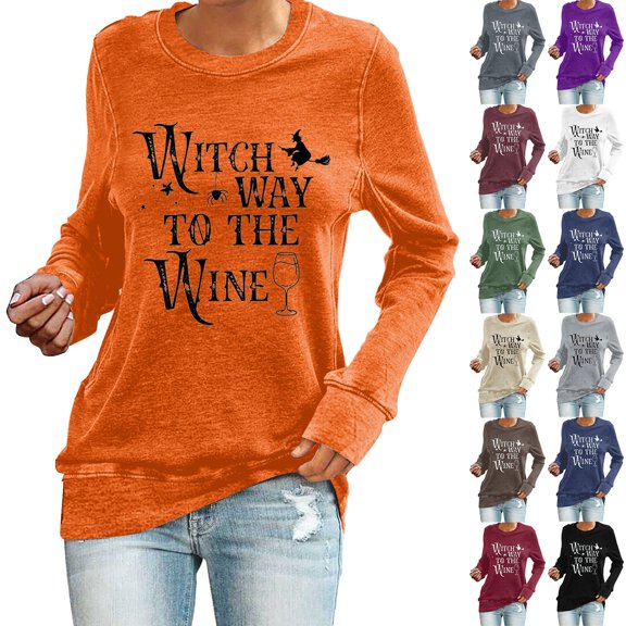 SAZBJOJN Long Sleeve Shirts for Women Witch Way to the Wine Letter Funny Halloween Print Crew Neck Pullover Tops for Women Wine Drinker Gift Halloween Shirts Size M White