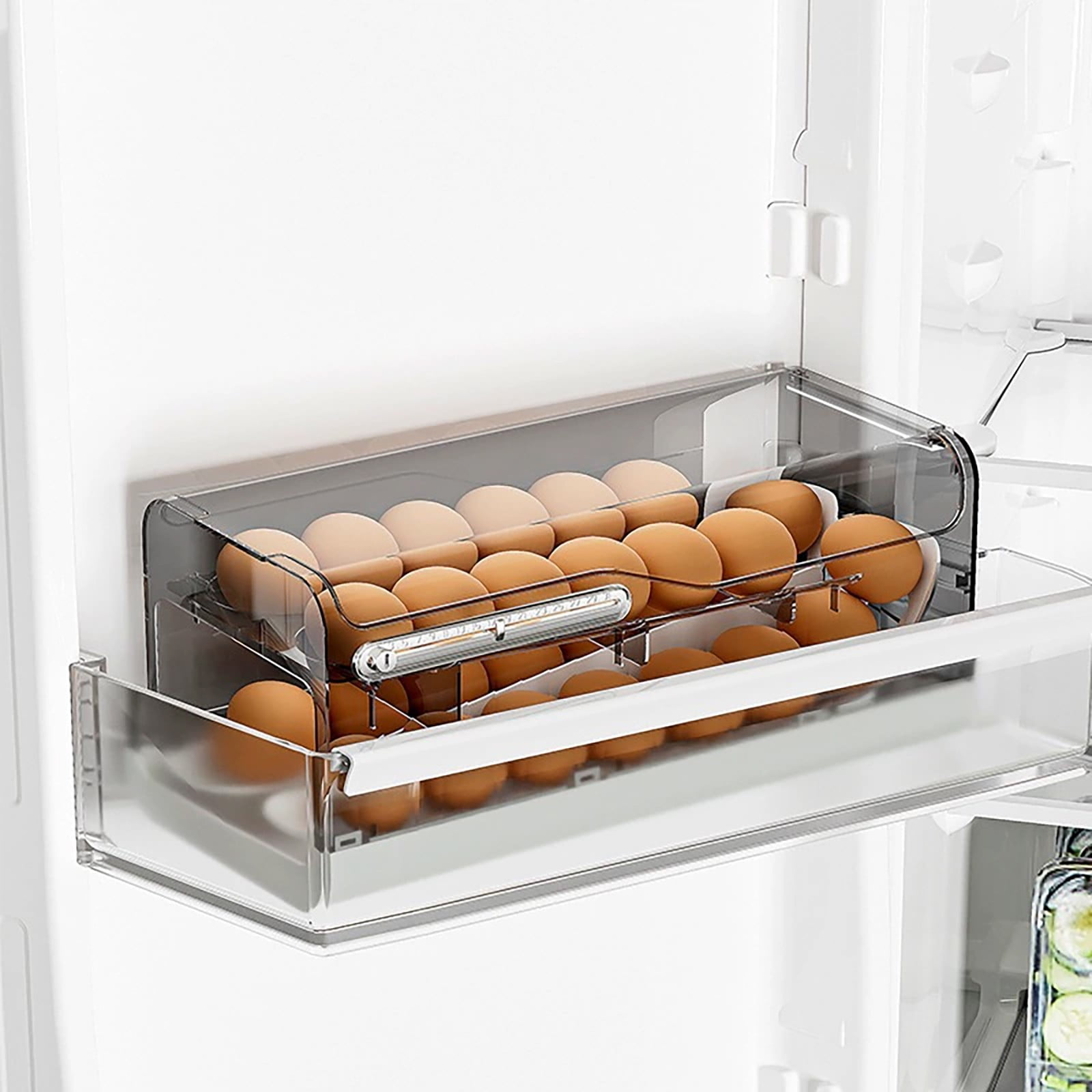 Auto Rolling Egg Dispenser, Space Saving Egg Organizer with Lid for Refrigerator, Automatic Scrolling Eggs Rack Holder Stackable Container for Fridge, Freshness Keeping, 1Pc(White,12.6x5.7x5.5")