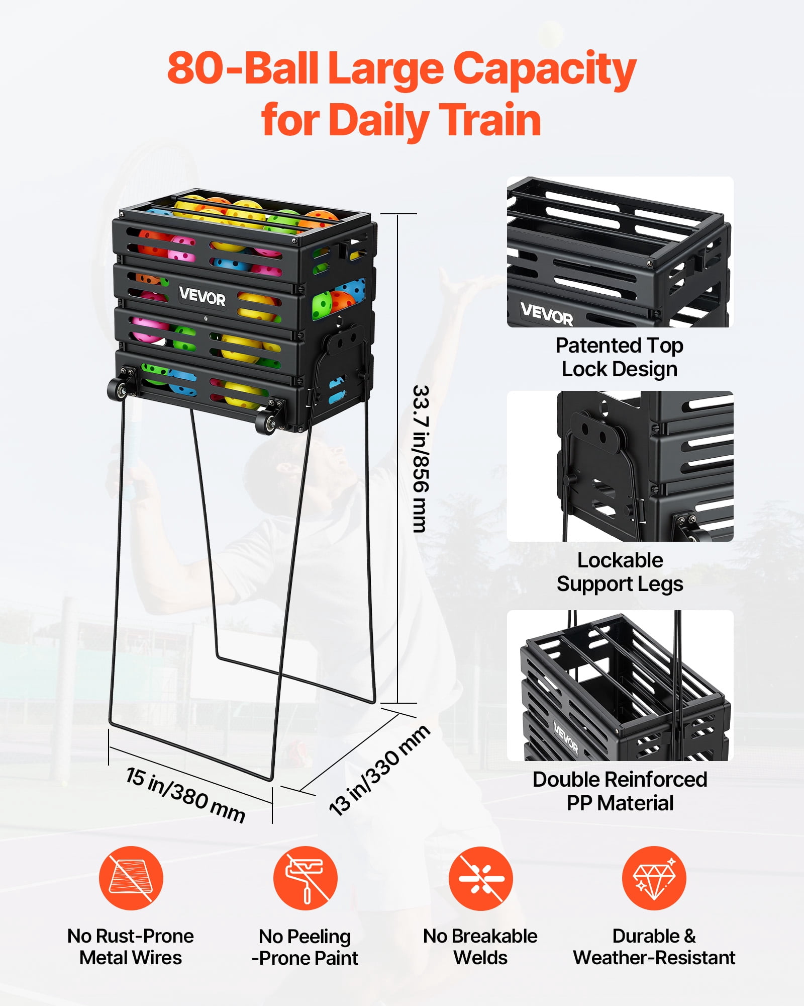 VEVOR Tennis Ball Hopper, Holds 80 Tennis Balls, Pickleball Basket Cart with Wheels for Easy Pick Up, Portable Pickleball Collection Caddy with Heavy-Duty Construction, for Training Carrying Storage