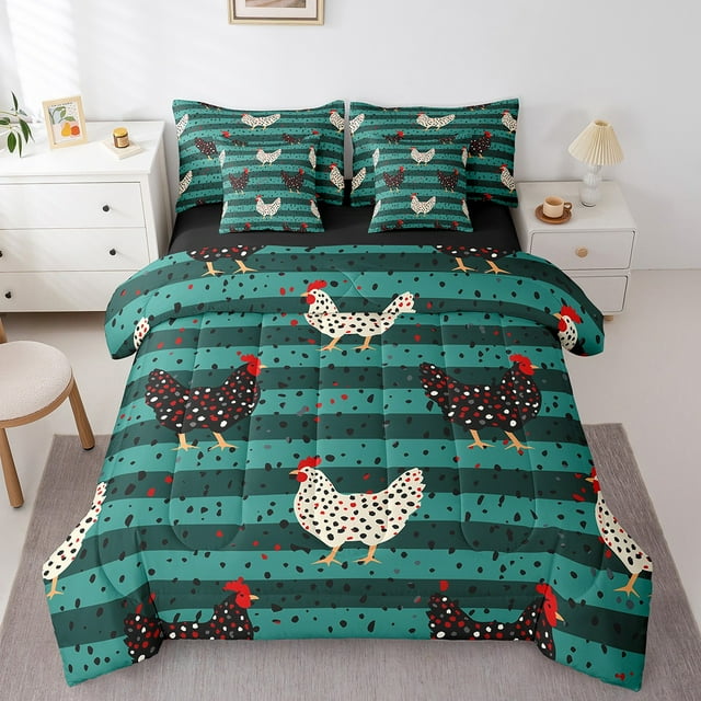 7Pcs Rustic Chick Kids Bedding Set for Boys,Queen Size Comforter Set with Sheets and Pillowcase,7Pcs Bed in a Bag,Hen Children Bed Set,Farmhouse Comforter