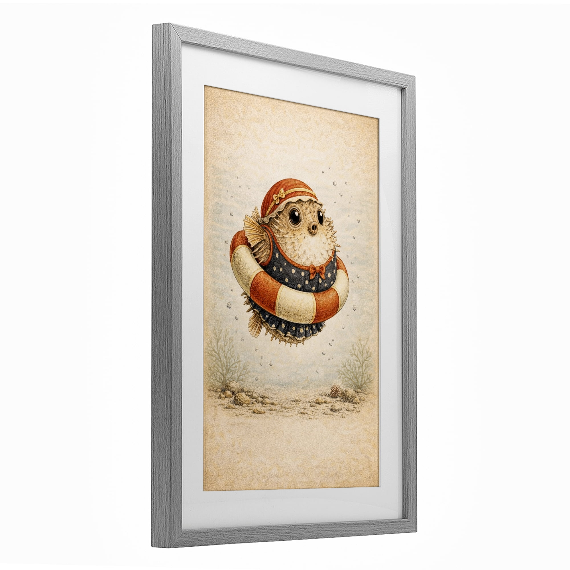 Stupell Industries Pufferfish Of Maritime Bathing Society Gray Framed Print Under Glass, design by Grotto Studios