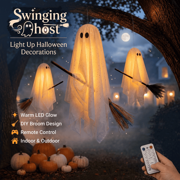 Halloween Decorations Outdoor 3 Pack Hanging Lighted Flying Ghost Decorations Floating Gauze Ghost Decor Tree Porch Yard Patio Indoor