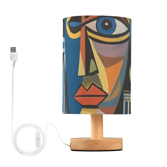 Woman Face Abstract Table Lamp USB Bedside Desk Nightstand Lamp Printed Gifts Small Lamp Wood Base for Bedroom Living Room Kids Room College Dorm