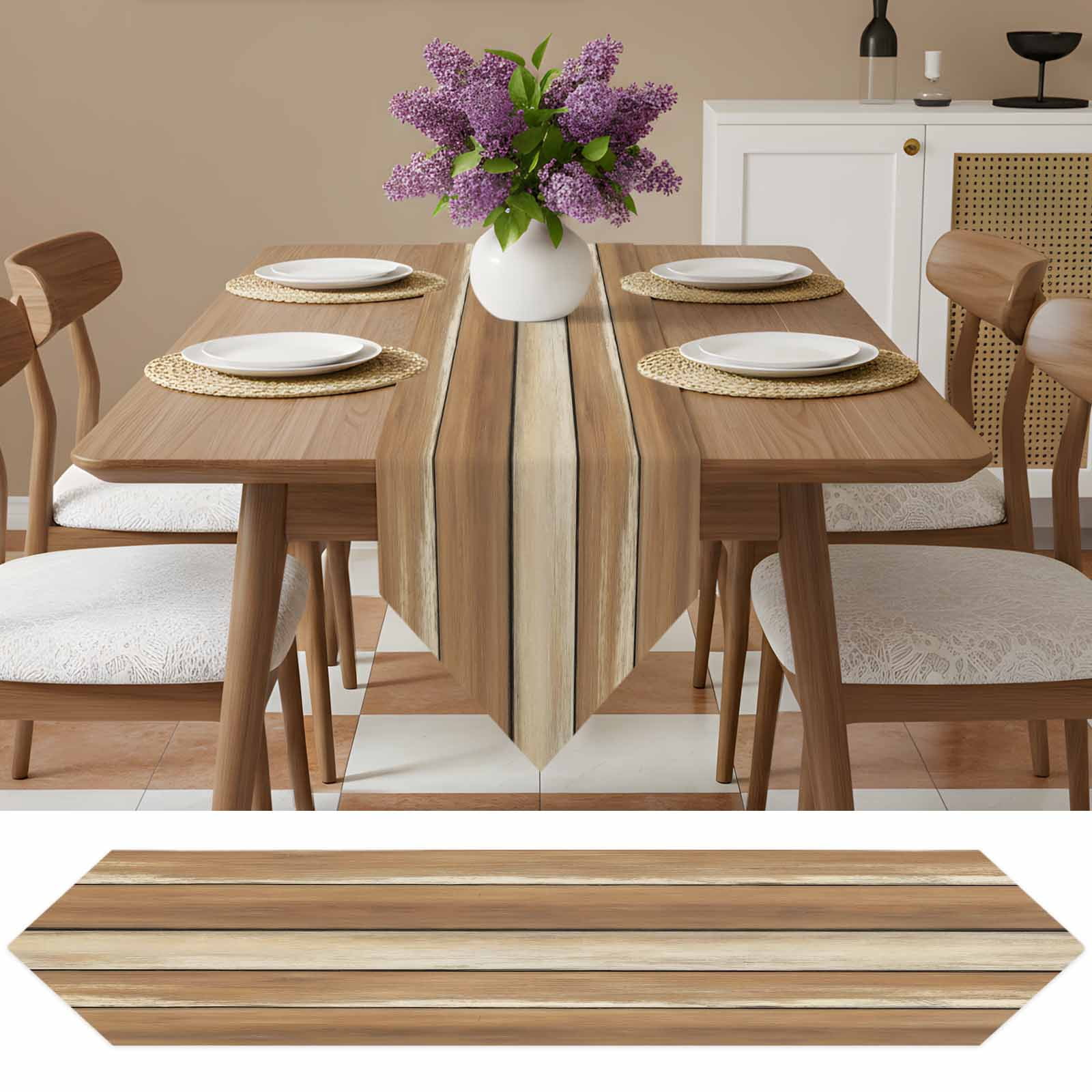 Table Runners 48 Inches Long, Brown Khaki Wooden Cotton Linen Kitchen Dining Coffee Table Runner for Party Home Decor, Vintage Farmhouse Retro Art Tabletop Dresser Scarves Runner Decor 13x48 Inch