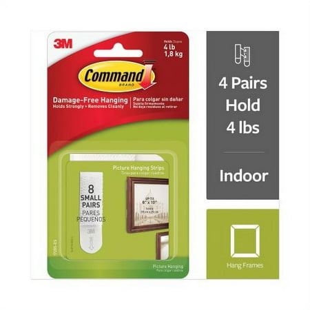 2PK Command Picture Hanging Strips, Removable, Holds up to 4 lbs, 0.63" x 1.81", White, 8 Pairs/Pack (70006903705)