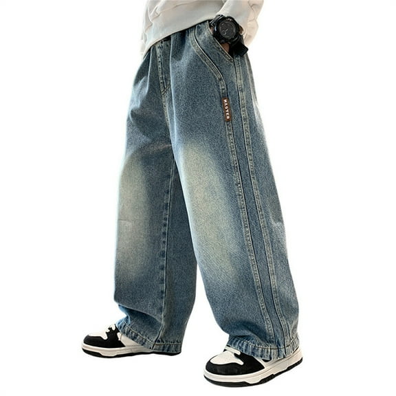 Otqutp Boy's Y2k Baggy Jeans Straight Leg Distressed Elastic Waist Denim Pants Tween Stretch Slim Fit Bootcut Trousers Cargo